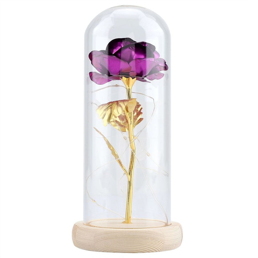 Preserved Rose Flower LED Light with Glass Cover Wooden Base Valentines'Day Wedding Purple