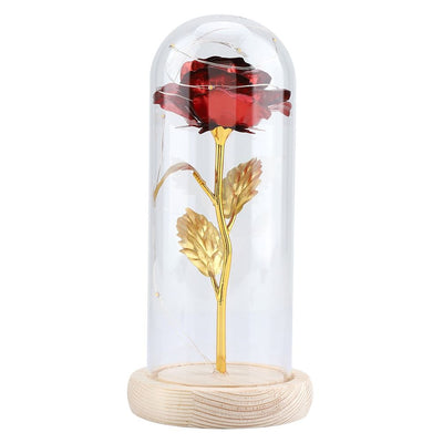 Preserved Rose Flower LED Light with Glass Cover Wooden Base Valentines'Day Wedding Red