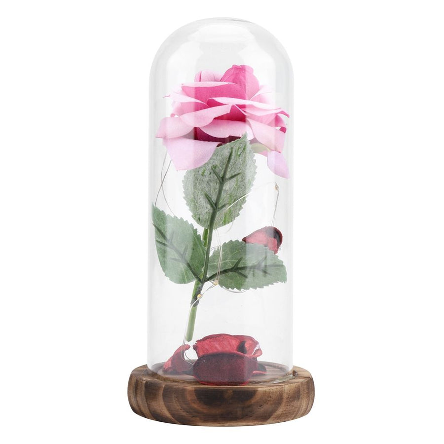 Preserved Rose Flower LED Light with Glass Cover Wooden Base Valentines'Day Wedding Gift Pink