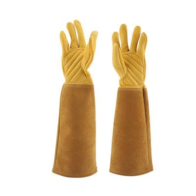 Rose Pruning Gardening Leather Gloves Wearproof Puncture Proof Long Work Glove(Yellow S)