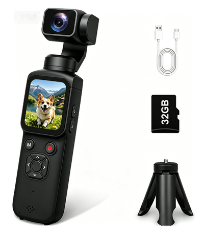 AT-M105 Pocket Gimbal Vlog Camera, 4K HD Handheld Video Camera，black，32GB