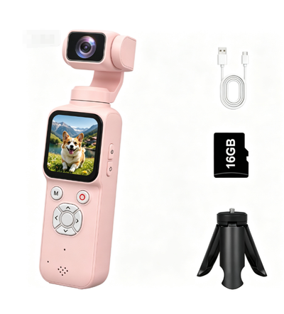 AT-M105 Pocket Gimbal Vlog Camera, 4K HD Handheld Video Camera，pink，16GB