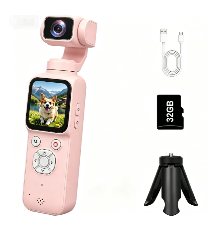 AT-M105 Pocket Gimbal Vlog Camera, 4K HD Handheld Video Camera，pink，32GB