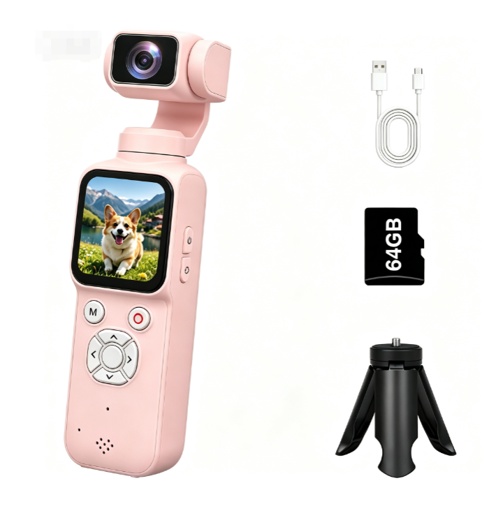 AT-M105 Pocket Gimbal Vlog Camera, 4K HD Handheld Video Camera，pink，64GB