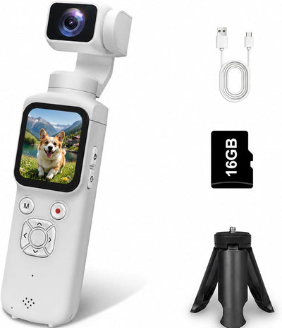 AT-M105 Pocket Gimbal Vlog Camera, 4K HD Handheld Video Camera，white，16GB