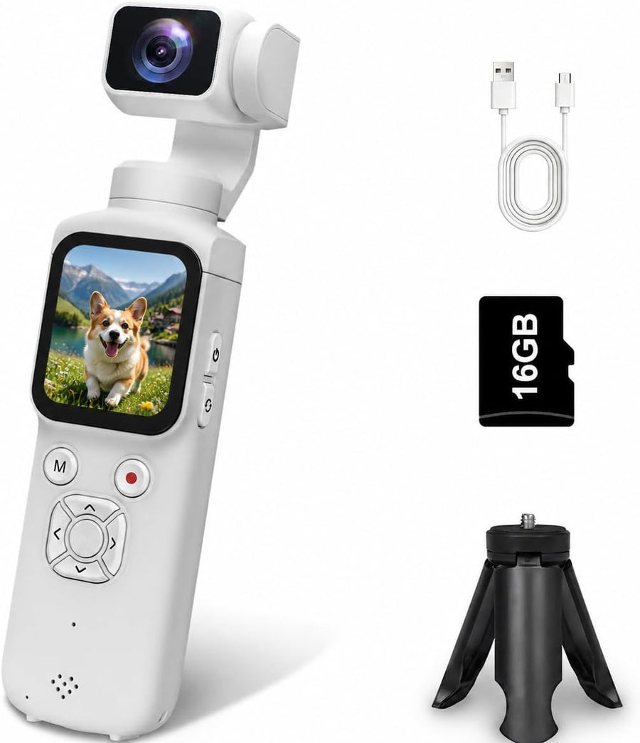 AT-M105 Pocket Gimbal Vlog Camera, 4K HD Handheld Video Camera，white，16GB