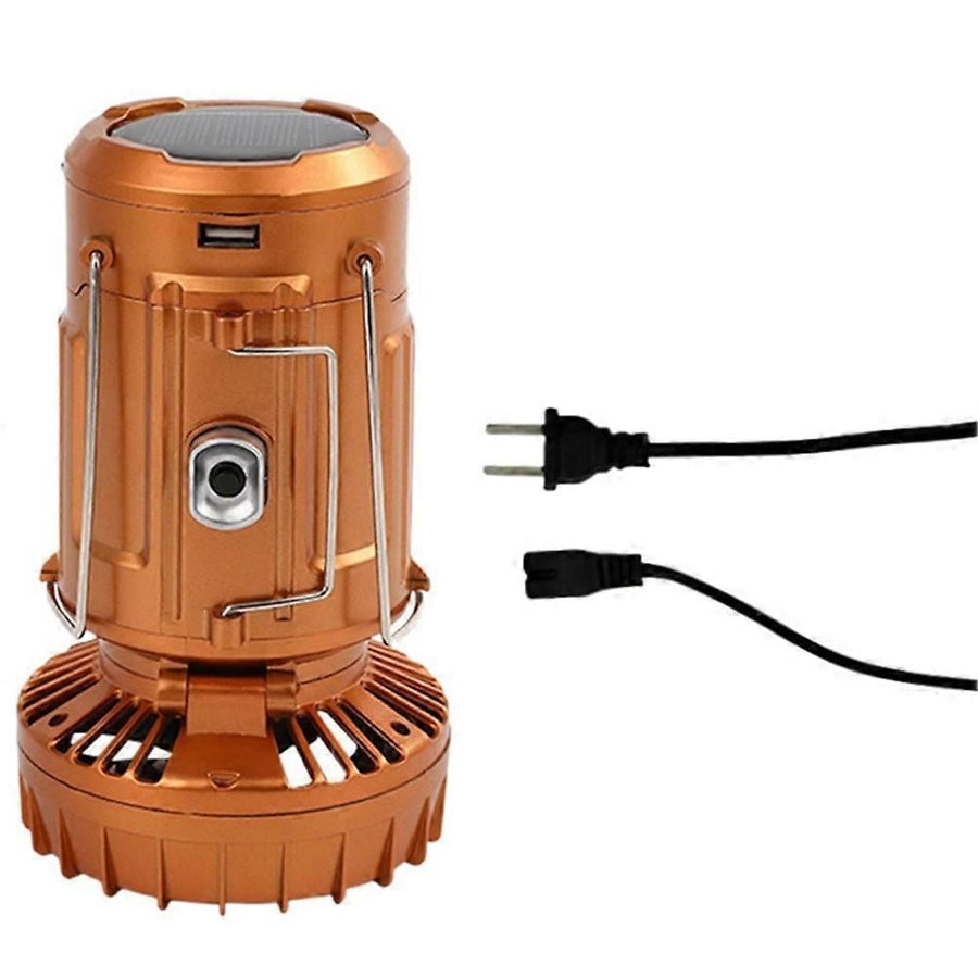 2-in-1 Solar Camping Lantern with LED Light and Adjustable Fan, USB Charging Station Gold