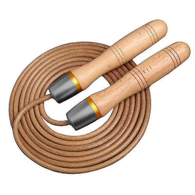 Adjustable Leather Jump Rope with Wooden Handles, Ball Bearing Speed Skipping Rope for Cardio, Boxing, Fitness, CrossFit & Exercise Training - Grey