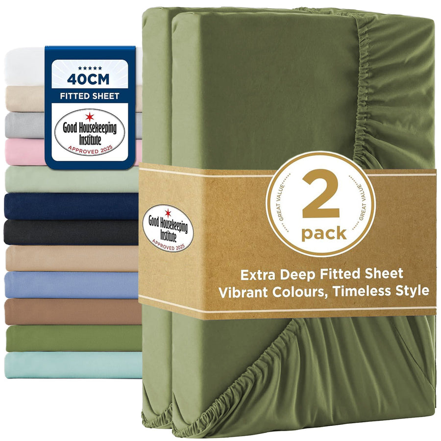 2000TC Hotel Quality Fitted Sheets - 2 Piece Fitted Sheets  -Breathable Bedding - Wrinkle, Fade, Stain Resistant- 16inch/40cm Deep Pocket Fitted Bed Sheets-Wrinkle and Fade Resistant,(Olive green,Double)