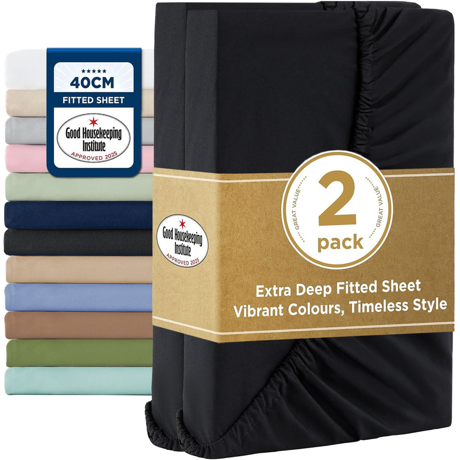 2000TC Hotel Quality Fitted Sheets - 2 Piece Fitted Sheets  -Breathable Bedding - Wrinkle, Fade, Stain Resistant- 16inch/40cm Deep Pocket Fitted Bed Sheets-Wrinkle and Fade Resistant,(Black,King)