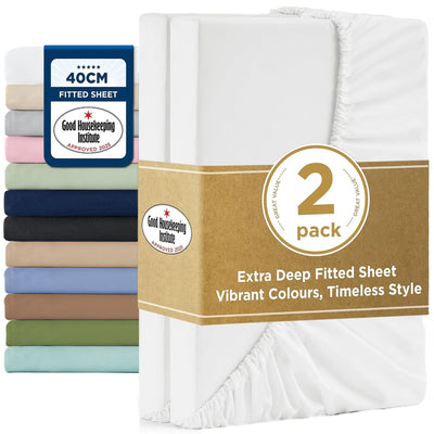 2000TC Hotel Quality Fitted Sheets - 2 Piece Fitted Sheets  -Breathable Bedding - Wrinkle, Fade, Stain Resistant- 16inch/40cm Deep Pocket Fitted Bed Sheets-Wrinkle and Fade Resistant,(White,King Single)