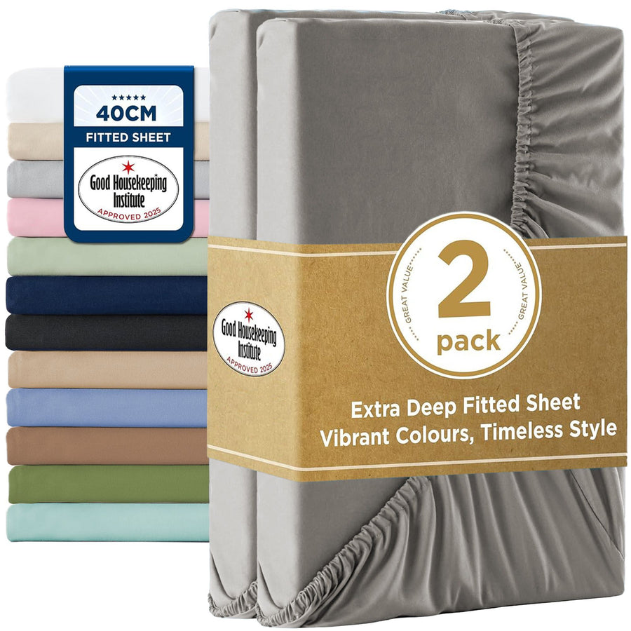 2000TC Hotel Quality Fitted Sheets - 2 Piece Fitted Sheets  -Breathable Bedding - Wrinkle, Fade, Stain Resistant- 16inch/40cm Deep Pocket Fitted Bed Sheets-Wrinkle and Fade Resistant,(Grey,King Single)
