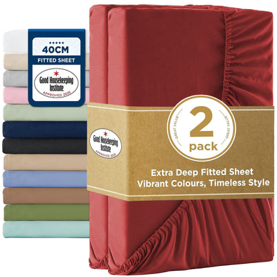 2000TC Hotel Quality Fitted Sheets - 2 Piece Fitted Sheets  -Breathable Bedding - Wrinkle, Fade, Stain Resistant- 16inch/40cm Deep Pocket Fitted Bed Sheets-Wrinkle and Fade Resistant,(Red,Single)