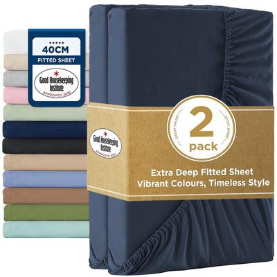 2000TC Hotel Quality Fitted Sheets - 2 Piece Fitted Sheets  -Breathable Bedding - Wrinkle, Fade, Stain Resistant- 16inch/40cm Deep Pocket Fitted Bed Sheets-Wrinkle and Fade Resistant,(Navy,Single)