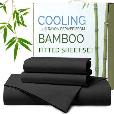 Hotel Breathable Bamboo Fitted Sheet & Pillowcase-3 Piece-Ultra Soft 2000TC Breathable Fitted Bed Sheets Set with 37 Centimetre Deep Pocket-Cooling Sheets for Hot Sleepers(Black,Double)