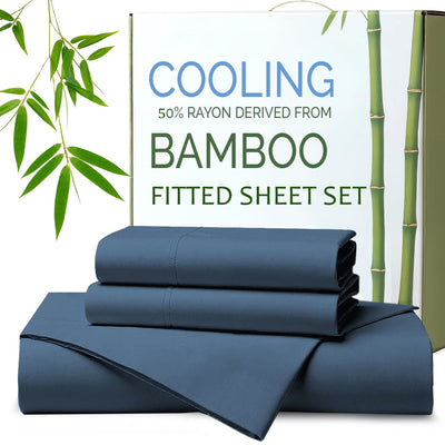 Hotel Breathable Bamboo Fitted Sheet & Pillowcase-3 Piece-Ultra Soft 2000TC Breathable Fitted Bed Sheets Set with 37 Centimetre Deep Pocket-Cooling Sheets for Hot Sleepers(Navy,Double)