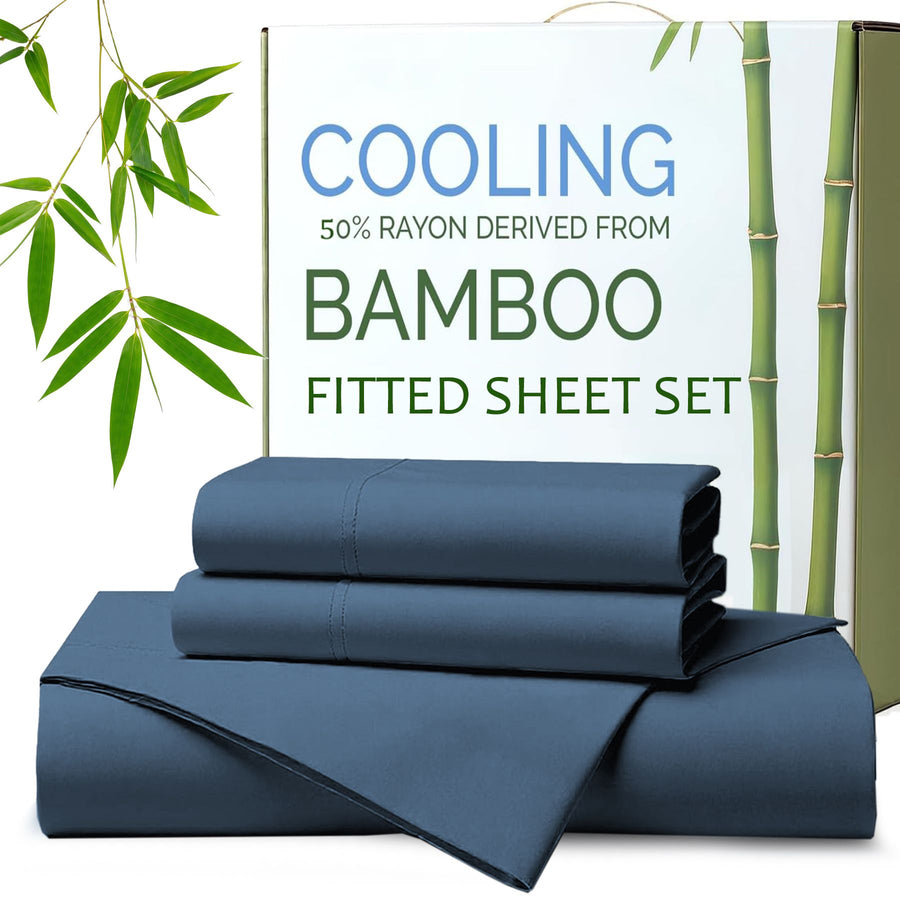 Hotel Breathable Bamboo Fitted Sheet & Pillowcase-3 Piece-Ultra Soft 2000TC Breathable Fitted Bed Sheets Set with 37 Centimetre Deep Pocket-Cooling Sheets for Hot Sleepers(Navy,Double)