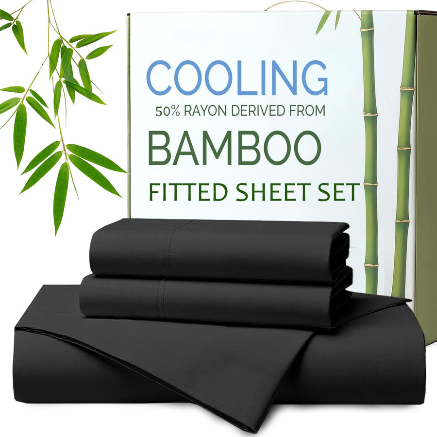 Hotel Breathable Bamboo Fitted Sheet & Pillowcase-2 Piece-Ultra Soft 2000TC Fitted Bed Sheets Set with 37 Centimetre Deep Pocket-Cooling Sheets for Hot Sleepers(Black,King Single)