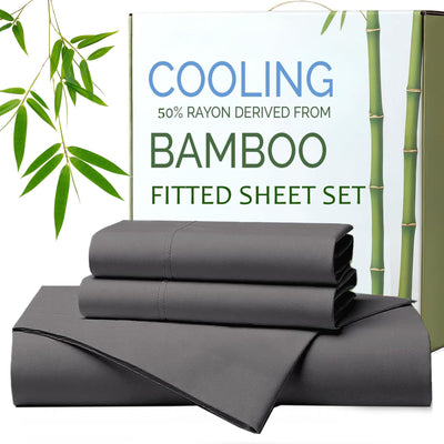 Hotel Breathable Bamboo Fitted Sheet & Pillowcase-2 Piece-Ultra Soft 2000TC Breathable Fitted Bed Sheets Set with 37 Centimetre Deep Pocket-Cooling Sheets for Hot Sleepers(Grey,King Single)