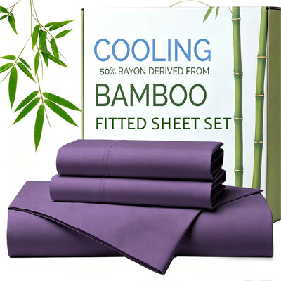 Hotel Breathable Bamboo Fitted Sheet & Pillowcase-2 Piece-Ultra Soft 2000TC Breathable Fitted Bed Sheets Set with 37 Centimetre Deep Pocket-Cooling Sheets for Hot Sleepers(Purple,King Single)
