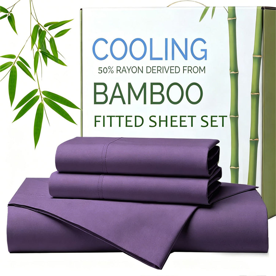 Hotel Breathable Bamboo Fitted Sheet & Pillowcase-2 Piece-Ultra Soft 2000TC Breathable Fitted Bed Sheets Set with 37 Centimetre Deep Pocket-Cooling Sheets for Hot Sleepers(Purple,King Single)