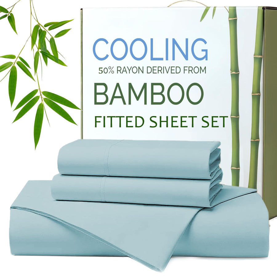 Hotel Breathable Bamboo Fitted Sheet & Pillowcase-2 Piece-Ultra Soft 2000TC Breathable Fitted Bed Sheets Set with 37 Centimetre Deep Pocket-Cooling Sheets for Hot Sleepers(Sky Blue,King Single)