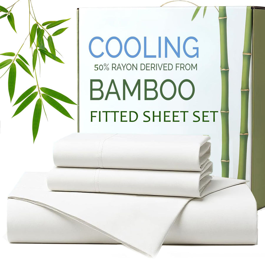 Hotel Breathable Bamboo Fitted Sheet & Pillowcase-2 Piece-Ultra Soft 2000TC Breathable Fitted Bed Sheets Set with 37 Centimetre Deep Pocket-Cooling Sheets for Hot Sleepers(White,King Single)