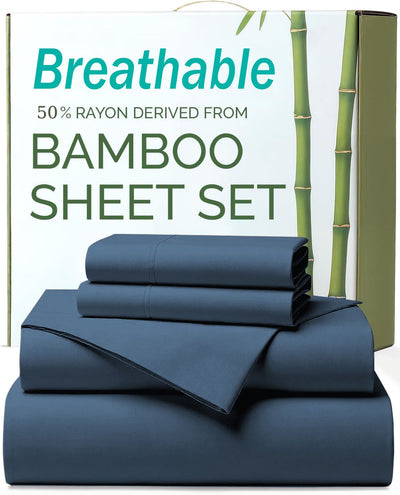3 Piece Ultra Soft Bamboo Breathable Sheet Set -Hotel 2000TC Breathable Bed Sheets Set with 37 Centimetre Deep Pocket-Breathable Sheets for Hot Sleepers(Navy,King Single)