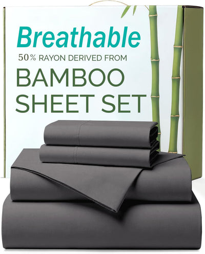 4 Piece Ultra Soft Bamboo Breathable Sheet Set -Hotel 2000TC Breathable Bed Sheets Set with 37 Centimetre Deep Pocket-Breathable Sheets for Hot Sleepers(Grey,Queen)