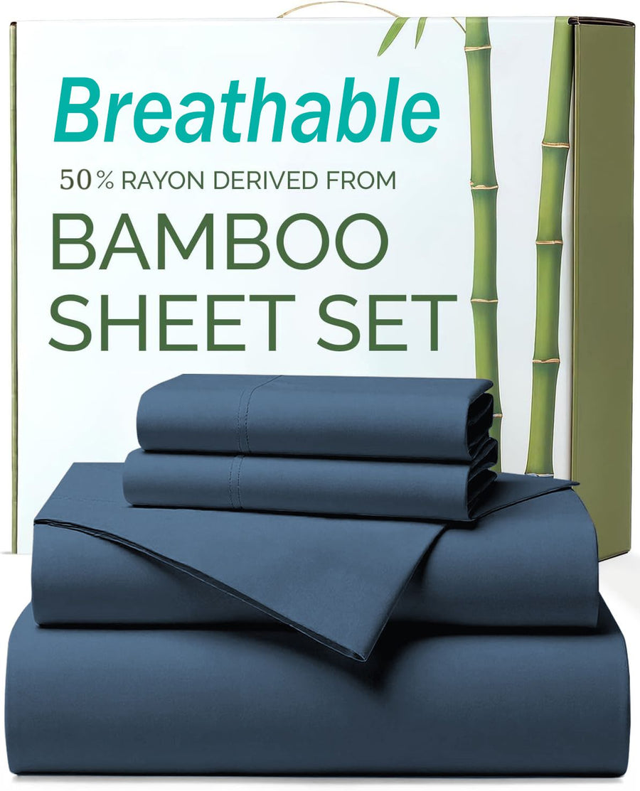 3 Piece Ultra Soft Bamboo Breathable Sheet Set -Hotel 2000TC Breathable Bed Sheets Set with 37 Centimetre Deep Pocket-Breathable Sheets for Hot Sleepers(Navy,Single)