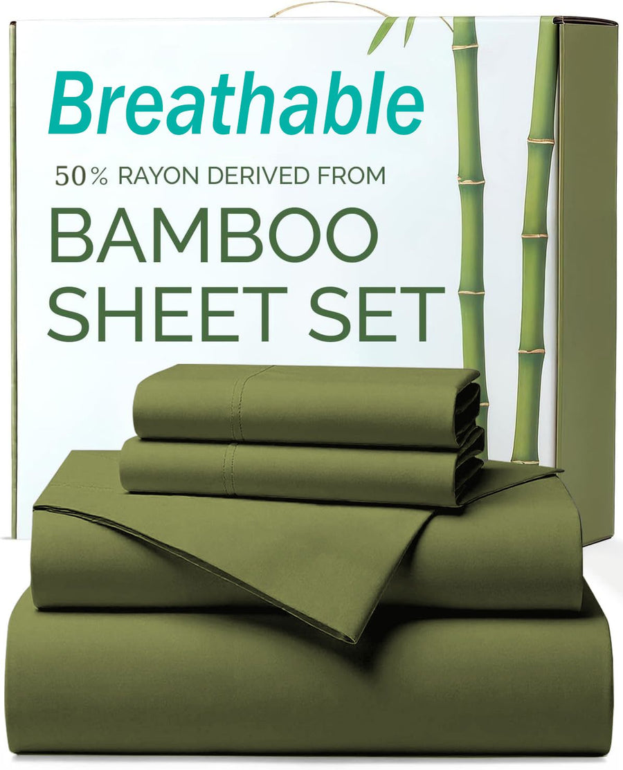 3 Piece Ultra Soft Bamboo Breathable Sheet Set -Hotel 2000TC Breathable Bed Sheets Set with 37 Centimetre Deep Pocket-Breathable Sheets for Hot Sleepers(Olive green,Single)