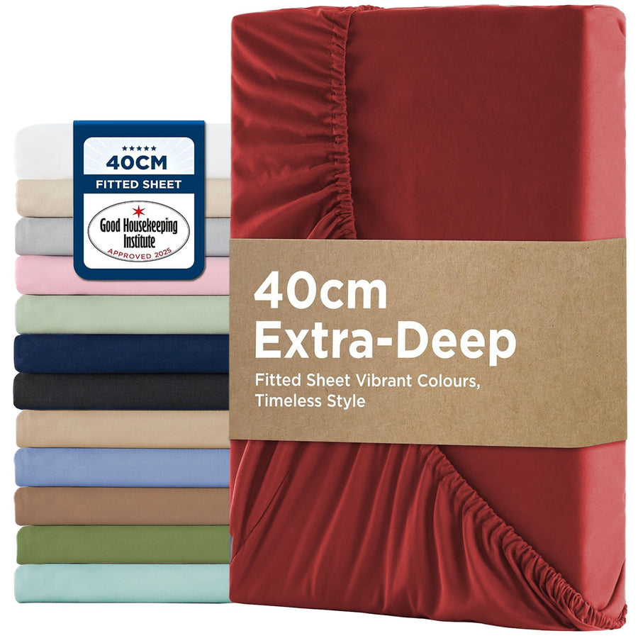 2000TC Hotel Quality Fitted Sheets - 2 Piece Fitted Sheets  -Breathable Bedding - Wrinkle, Fade, Stain Resistant- 16inch/40cm Deep Pocket Fitted Bed Sheets-Wrinkle and Fade Resistant,(Red,King)