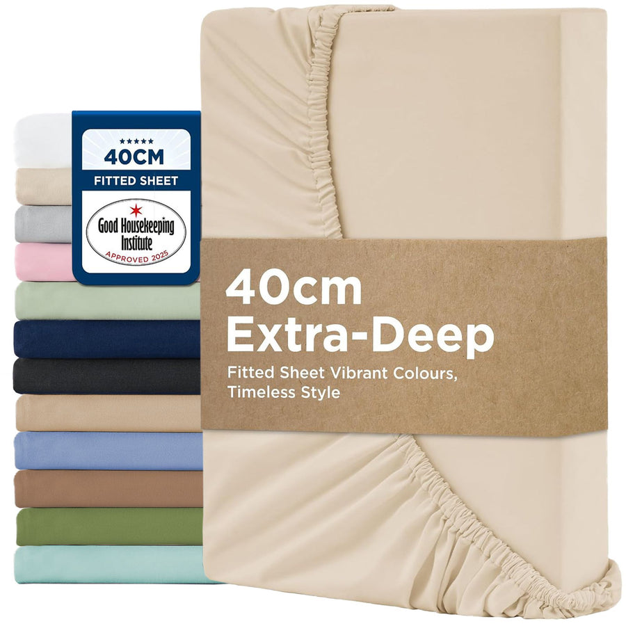2000TC Hotel Quality Fitted Sheets - 2 Piece Fitted Sheets  -Breathable Bedding - Wrinkle, Fade, Stain Resistant- 16inch/40cm Deep Pocket Fitted Bed Sheets-Wrinkle and Fade Resistant,(Cream White,Queen)