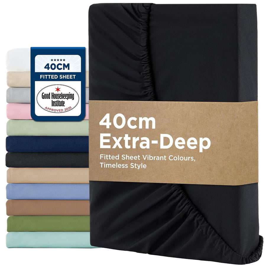 2000TC Hotel Quality Fitted Sheets - 2 Piece Fitted Sheets  -Breathable Bedding - Wrinkle, Fade, Stain Resistant- 16inch/40cm Deep Pocket Fitted Bed Sheets-Wrinkle and Fade Resistant,(Black,Super King)