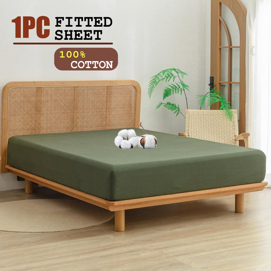 100% Cotton Fitted Sheet - Super Soft 40cm Deep Pocket Bottom Sheets - White Elastic Sheet（Queen,Olive green)