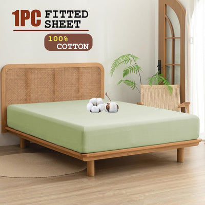 100% Cotton Fitted Sheet - Super Soft 40cm Deep Pocket Bottom Sheets - White Elastic Sheet（Single,Green beans)
