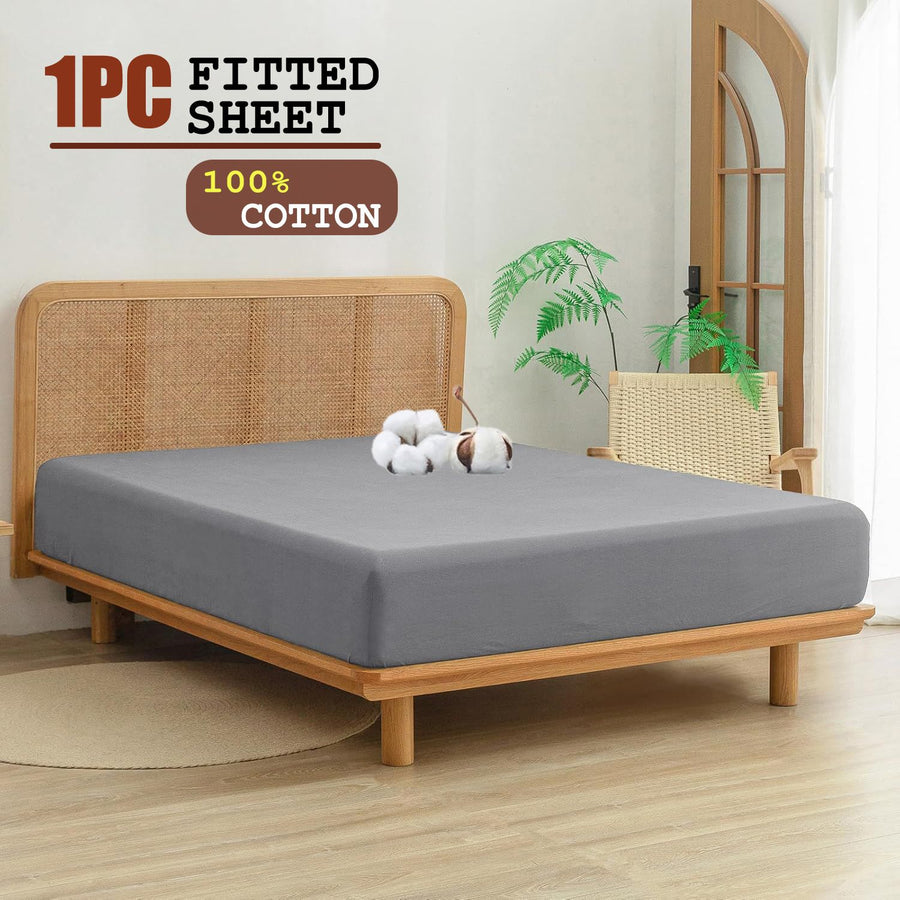 100% Cotton Fitted Sheet - Super Soft 40cm Deep Pocket Bottom Sheets - White Elastic Sheet（Single,Grey)