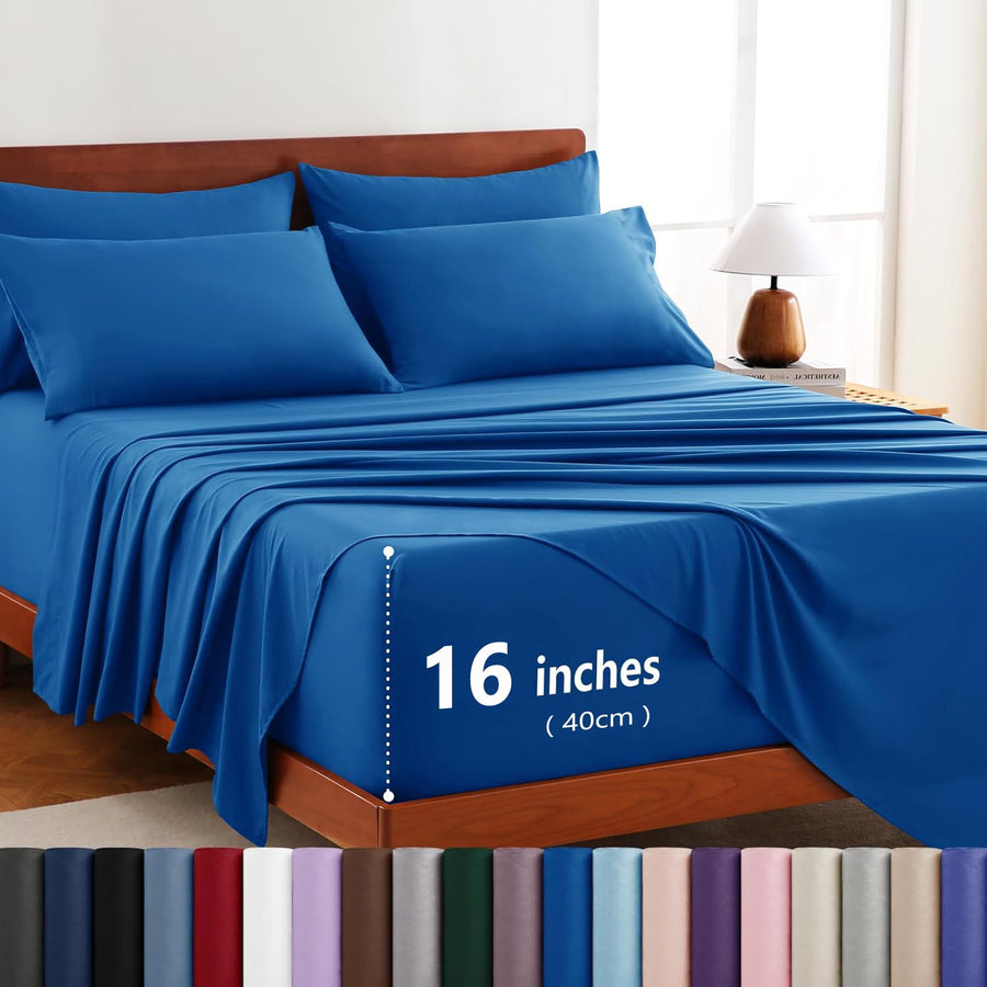 Hotel Soft Bed Sheet Set- Bedding Sheets & Pillowcases -Breathable Bedding - Wrinkle, Fade, Stain Resistant-Deep Pocket Flat Fitted Bed Sheet Set(Royal blue,Double)