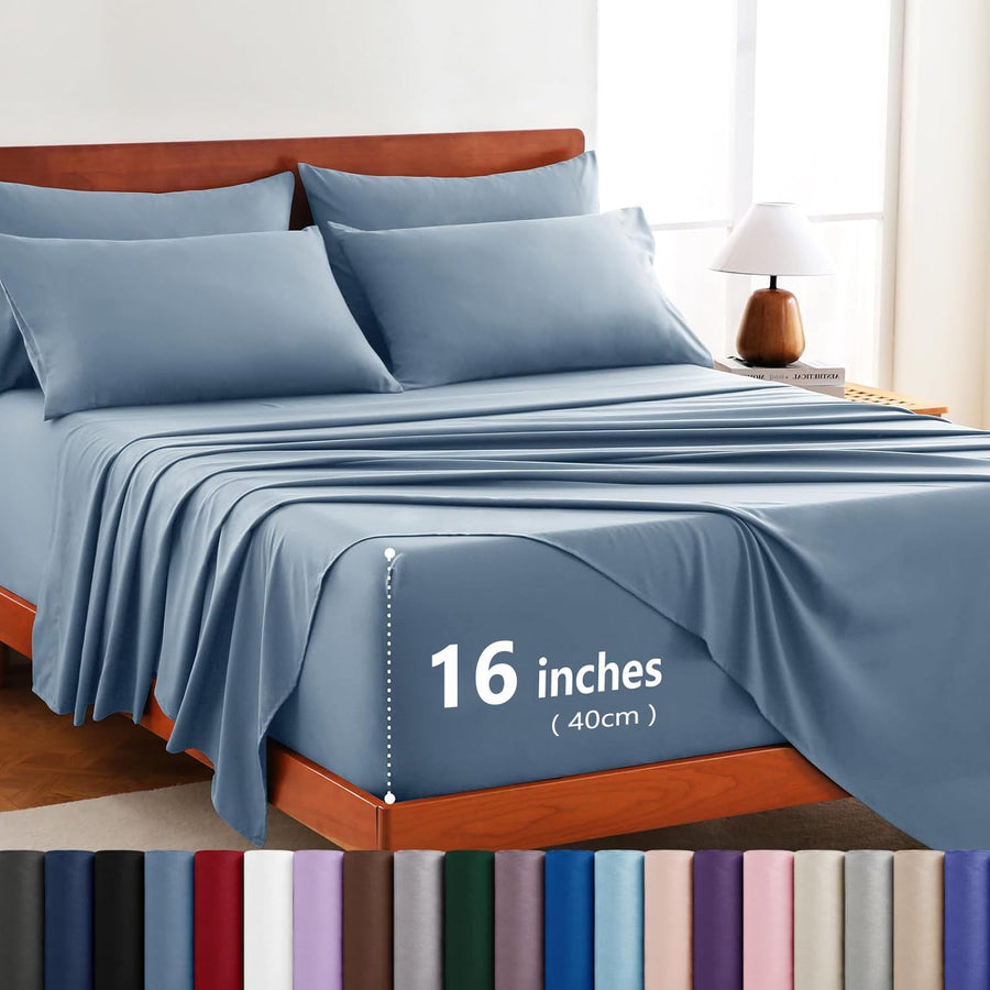 Hotel Soft Bed Sheet Set- Bedding Sheets & Pillowcases -Breathable Bedding - Wrinkle, Fade, Stain Resistant-Deep Pocket Flat Fitted Bed Sheet Set(Ocean,Double)