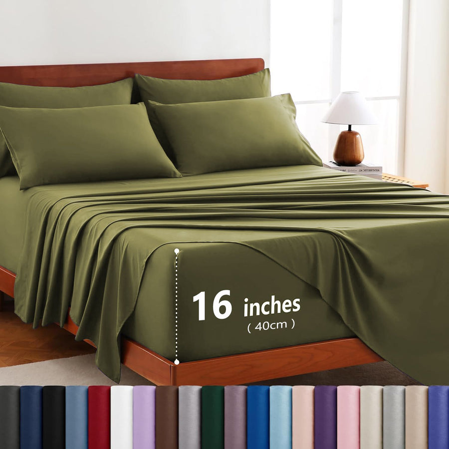 Hotel Soft Bed Sheet Set- Bedding Sheets & Pillowcases -Breathable Bedding - Wrinkle, Fade, Stain Resistant-Deep Pocket Flat Fitted Bed Sheet Set(Olive green,Double)