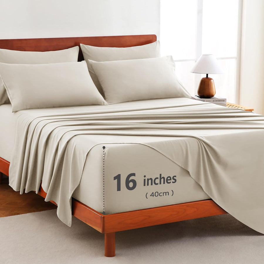 Hotel Soft Bed Sheet Set- Bedding Sheets & Pillowcases -Breathable Bedding - Wrinkle, Fade, Stain Resistant-Deep Pocket Flat Fitted Bed Sheet Set(Cream White,Double)