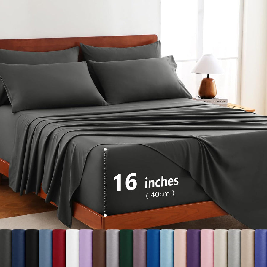 Hotel Soft Bed Sheet Set- Bedding Sheets & Pillowcases -Breathable Bedding - Wrinkle, Fade, Stain Resistant-Deep Pocket Flat Fitted Bed Sheet Set(Dark gray,Double)