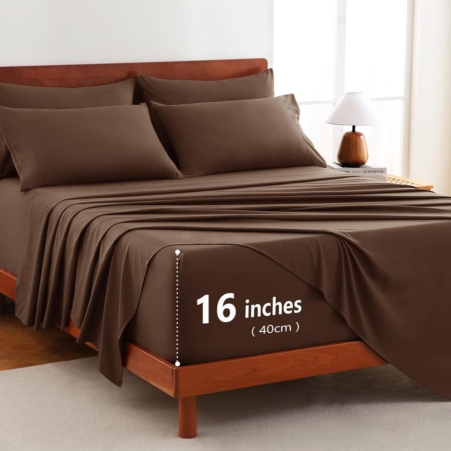 Hotel Soft Bed Sheet Set- Bedding Sheets & Pillowcases -Breathable Bedding - Wrinkle, Fade, Stain Resistant-Deep Pocket Flat Fitted Bed Sheet Set(Chocolate,King)