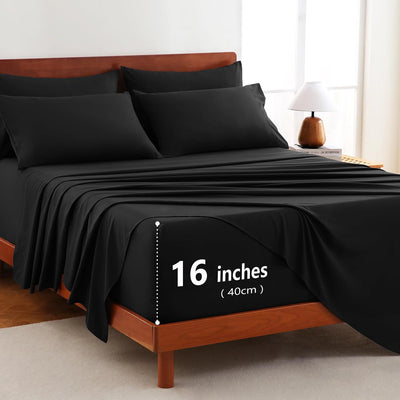 Hotel Soft Bed Sheet Set- Bedding Sheets & Pillowcases -Breathable Bedding - Wrinkle, Fade, Stain Resistant-Deep Pocket Flat Fitted Bed Sheet Set(Black,King Single)
