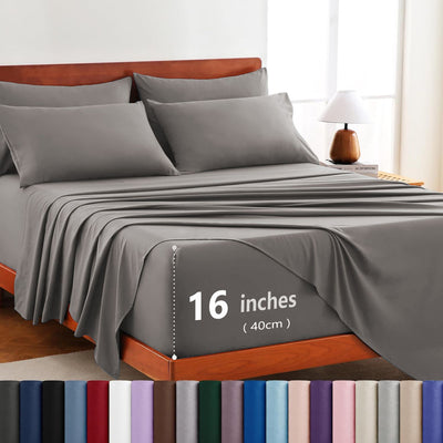 Hotel Soft Bed Sheet Set- Bedding Sheets & Pillowcases -Breathable Bedding - Wrinkle, Fade, Stain Resistant-Deep Pocket Flat Fitted Bed Sheet Set(Grey,King Single)