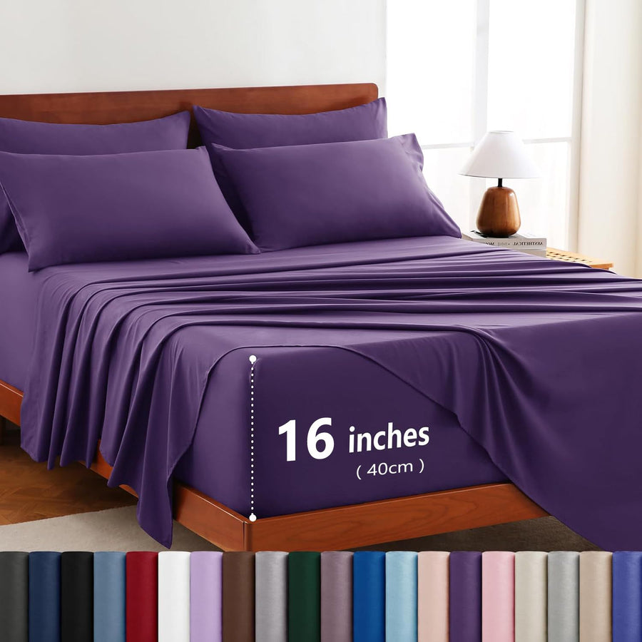 Hotel Soft Bed Sheet Set- Bedding Sheets & Pillowcases -Breathable Bedding - Wrinkle, Fade, Stain Resistant-Deep Pocket Flat Fitted Bed Sheet Set(Purple,King Single)