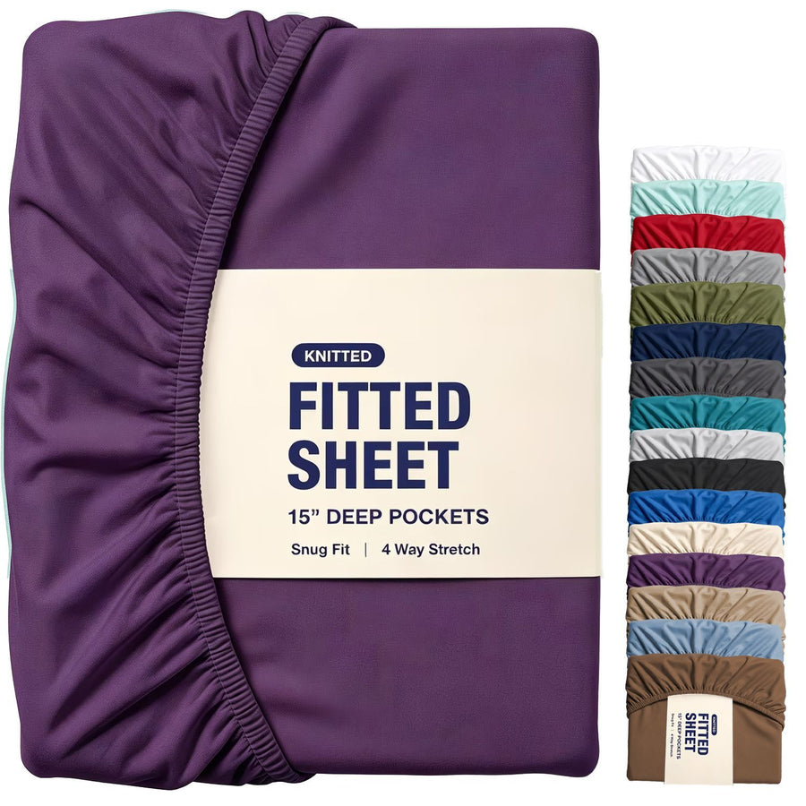 Hotel Quality Fitted Sheet - 1 Piece Fitted Sheet  -Breathable Bedding - Wrinkle, Fade, Stain Resistant- 16inch/40cm Deep Pocket Fitted Bed Sheet-Wrinkle and Fade Resistant,(Purple,Queen)