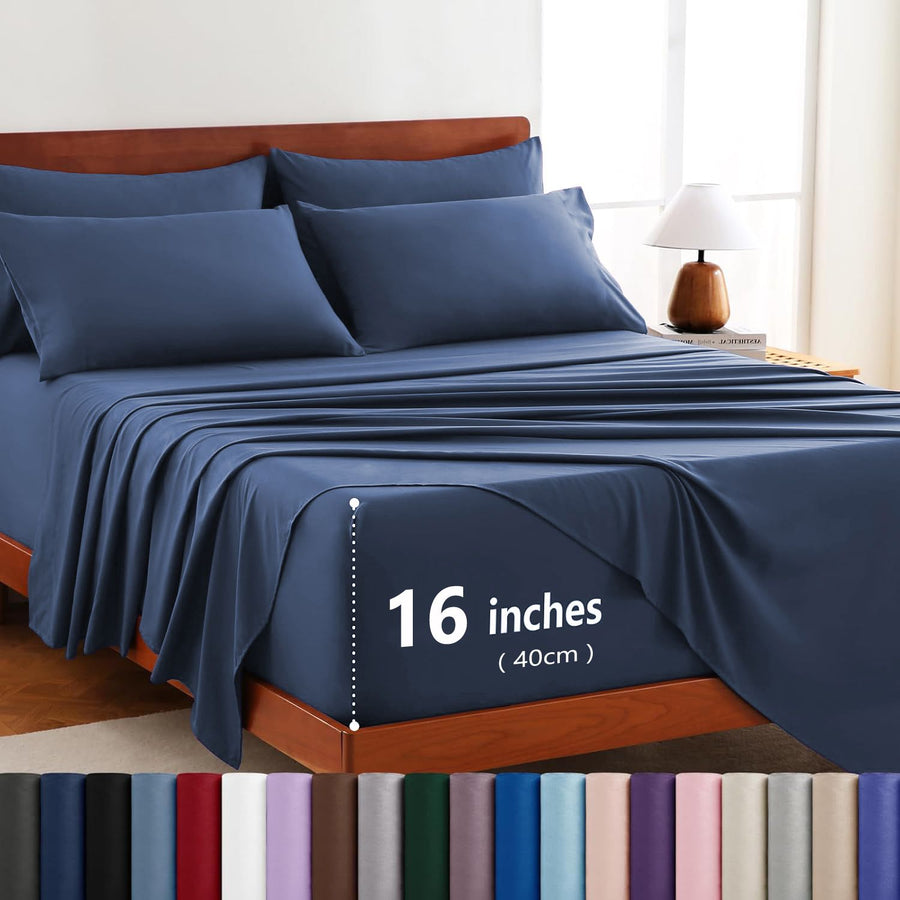Hotel Soft Bed Sheet Set- Bedding Sheets & Pillowcases -Breathable Bedding - Wrinkle, Fade, Stain Resistant-Deep Pocket Flat Fitted Bed Sheet Set(Navy,Single)