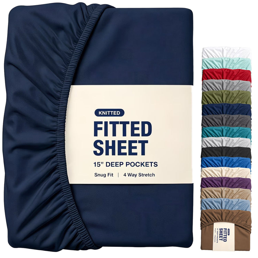 Hotel Quality Fitted Sheet - 1 Piece Fitted Sheet  -Breathable Bedding - Wrinkle, Fade, Stain Resistant- 16inch/40cm Deep Pocket Fitted Bed Sheet-Wrinkle and Fade Resistant,(Navy,Single)