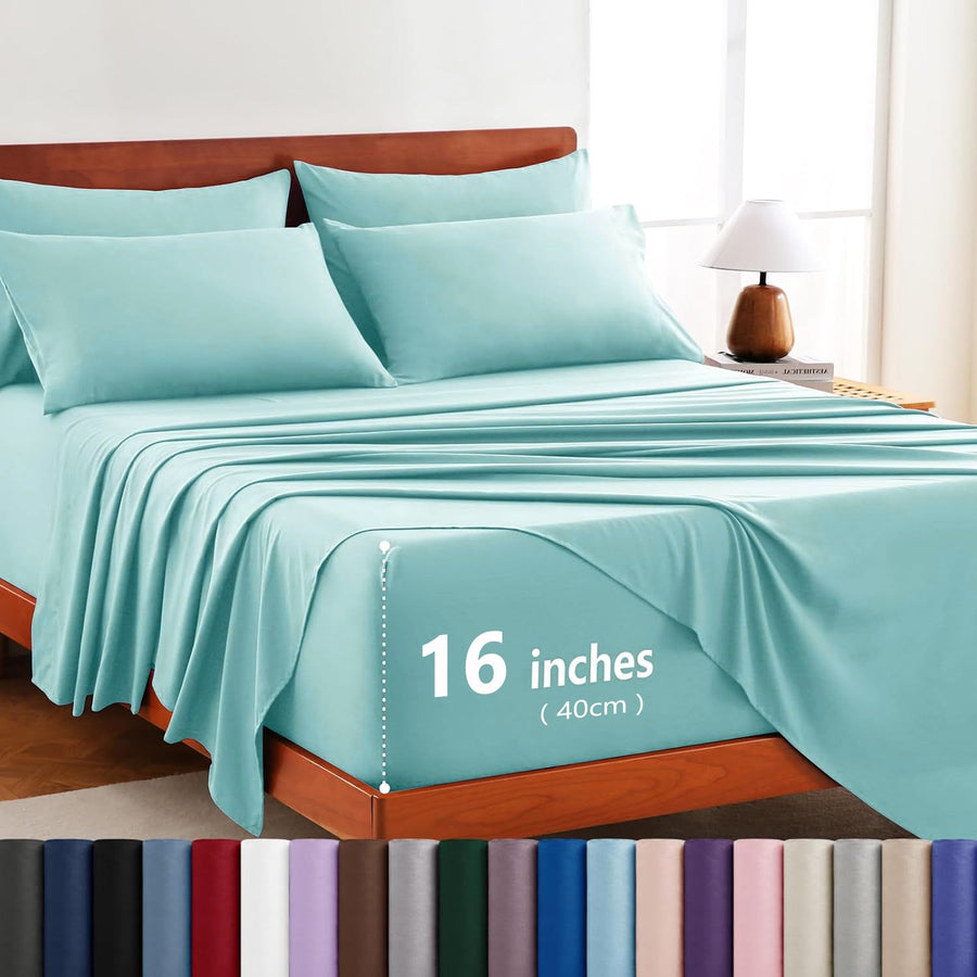 Hotel Soft Bed Sheet Set- Bedding Sheets & Pillowcases -Breathable Bedding - Wrinkle, Fade, Stain Resistant-Deep Pocket Flat Fitted Bed Sheet Set(Ice Blue,Super King)